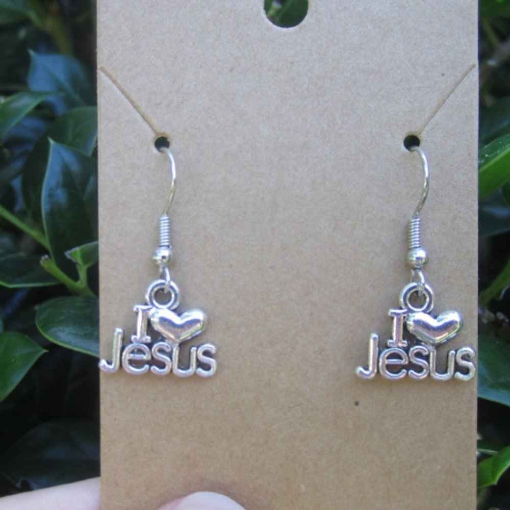 I Love Jesus Earrings, Antique Silver